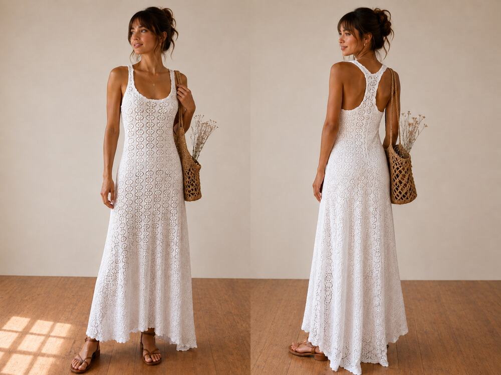 Free People Beach White Crochet Maxi Dress Racerback Cotton Boho M